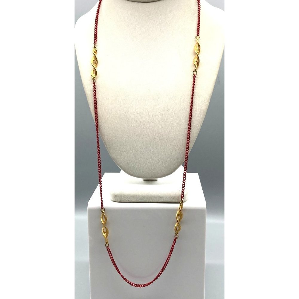 Vintage Red Enamel Long Chain Necklace with Mod Twist Stations in Brushed Gold